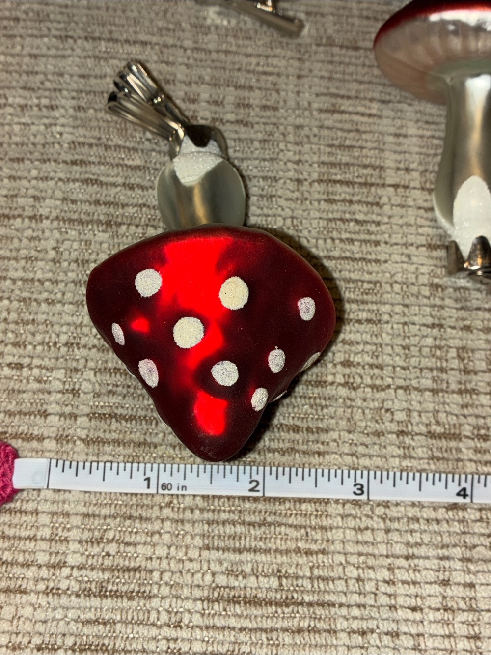 Red and Silver Glass Mushroom Clip Ornaments set of 6 - Picture 3 of 4